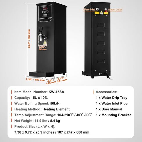 VEVOR Hot Water Dispenser, Commercial Water Boiler 1500W with 316 Stainless Steel Heating Tube, 50L/H Step-by-step Fast Heating Electric Water Warmer for Coffee Tea Restaurant Office, 15L in Saudi Arabia