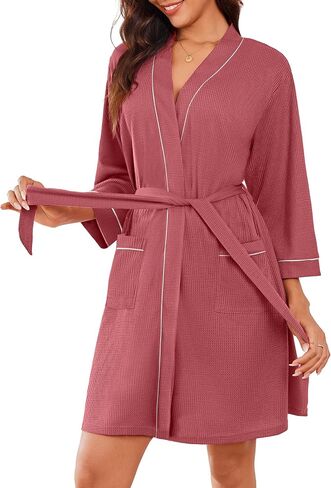 Ekouaer Women Robes Waffle Knee Length Bathrobe Lightweight Soft Sleepwear V neck 3/4 Sleeve Casual Ladies Loungewear S-XXL in Saudi Arabia