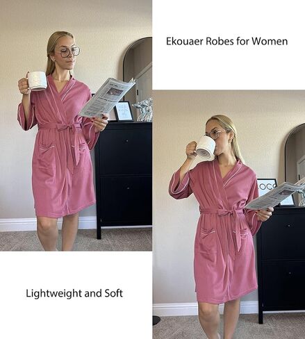Ekouaer Women Robes Waffle Knee Length Bathrobe Lightweight Soft Sleepwear V neck 3/4 Sleeve Casual Ladies Loungewear S-XXL in Saudi Arabia