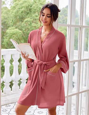 Ekouaer Women Robes Waffle Knee Length Bathrobe Lightweight Soft Sleepwear V neck 3/4 Sleeve Casual Ladies Loungewear S-XXL in Saudi Arabia
