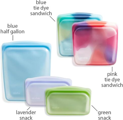 Stasher Premium Silicone Reusable Food Storage Bags, 6-Pack, Tie Dye Multi | Multi-Use Food Storage Bags, Lunch Bag, Travel Containers | BPA Free, Leak-free, Dishwasher-Safe, Eco-friendly in Saudi Arabia