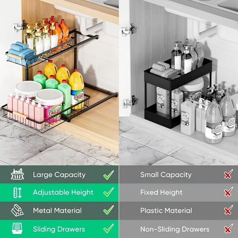 Upgraded 2 Pack Narrow Under Sink Organizer, Height Adjustable 2-Tier Pull-Out Cabinet Storage Rack, Slide-Out Metal Drawers for Kitchen, Bathroom, Pantry Organization in Saudi Arabia