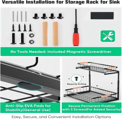 Upgraded 2 Pack Narrow Under Sink Organizer, Height Adjustable 2-Tier Pull-Out Cabinet Storage Rack, Slide-Out Metal Drawers for Kitchen, Bathroom, Pantry Organization in Saudi Arabia