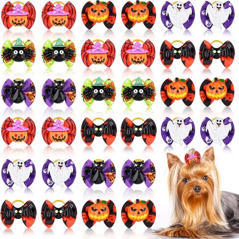 Frienda 64 Pieces Halloween Dog Hair Bows Halloween Dog Topknot Bows with Rubber Bands Pumpkin Ghost Bat Pet Hair Bows Puppy Grooming Bows Halloween Dog Hair Accessories for Pets Dogs Cats, 32 Pairs in Saudi Arabia