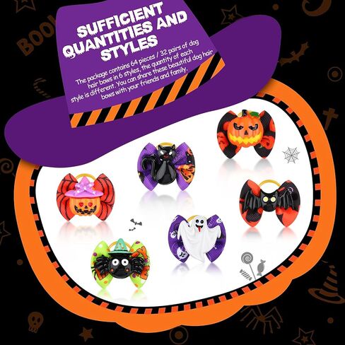 Frienda 64 Pieces Halloween Dog Hair Bows Halloween Dog Topknot Bows with Rubber Bands Pumpkin Ghost Bat Pet Hair Bows Puppy Grooming Bows Halloween Dog Hair Accessories for Pets Dogs Cats, 32 Pairs in Saudi Arabia