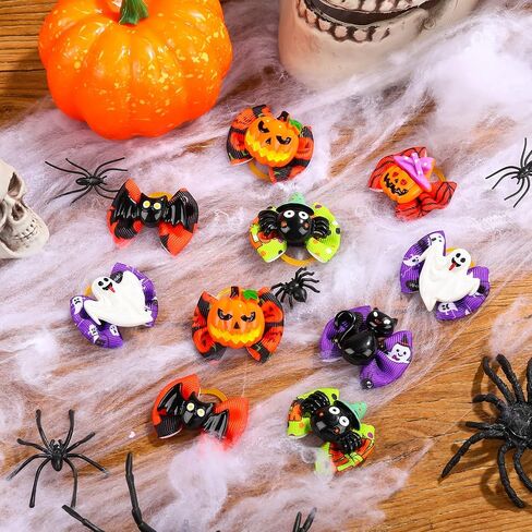 Frienda 64 Pieces Halloween Dog Hair Bows Halloween Dog Topknot Bows with Rubber Bands Pumpkin Ghost Bat Pet Hair Bows Puppy Grooming Bows Halloween Dog Hair Accessories for Pets Dogs Cats, 32 Pairs in Saudi Arabia