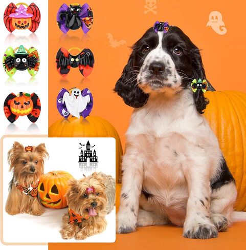 Frienda 64 Pieces Halloween Dog Hair Bows Halloween Dog Topknot Bows with Rubber Bands Pumpkin Ghost Bat Pet Hair Bows Puppy Grooming Bows Halloween Dog Hair Accessories for Pets Dogs Cats, 32 Pairs in Saudi Arabia
