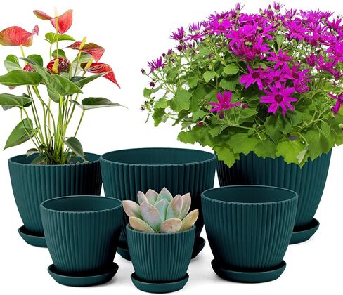 Plant Pots with Drainage Holes and Trays Pack of 6 Pots 7.5/6.5/5.5/4.9/4.2/3.5 Inches Pots for Plants, Flower Planters Pots for Indoor Outdoor Plants, Green in Saudi Arabia