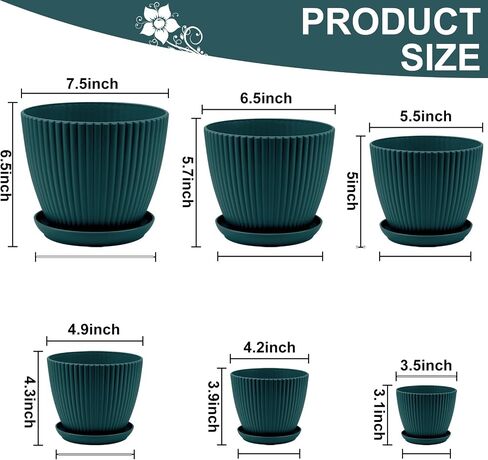 Plant Pots with Drainage Holes and Trays Pack of 6 Pots 7.5/6.5/5.5/4.9/4.2/3.5 Inches Pots for Plants, Flower Planters Pots for Indoor Outdoor Plants, Green in Saudi Arabia