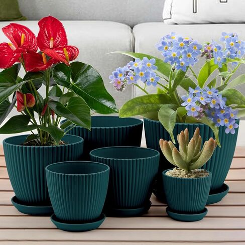 Plant Pots with Drainage Holes and Trays Pack of 6 Pots 7.5/6.5/5.5/4.9/4.2/3.5 Inches Pots for Plants, Flower Planters Pots for Indoor Outdoor Plants, Green in Saudi Arabia