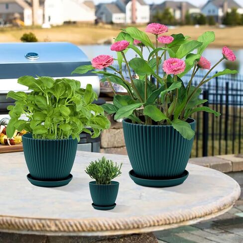 Plant Pots with Drainage Holes and Trays Pack of 6 Pots 7.5/6.5/5.5/4.9/4.2/3.5 Inches Pots for Plants, Flower Planters Pots for Indoor Outdoor Plants, Green in Saudi Arabia