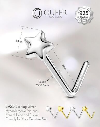 OUFER 925 Sterling Silver Nose Studs, Heart Nose Rings, L Shaped 20G Nose Rings Studs, Cute Nostril Nose Piercing Jewelry for Women Men in Saudi Arabia