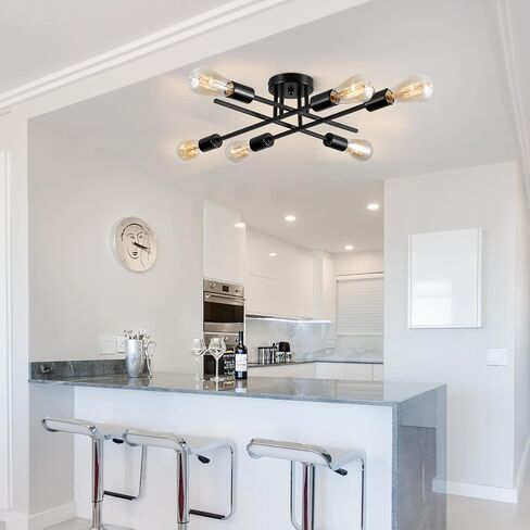 Sputnik Chandeliers, Modern Semi Flush Mount Ceiling Light with E26 Base, Mid Century Industrial Kitchen Farmhouse Light Fixtures for Bedroom Living Room (Black, Ceiling 4 Lights) in Saudi Arabia