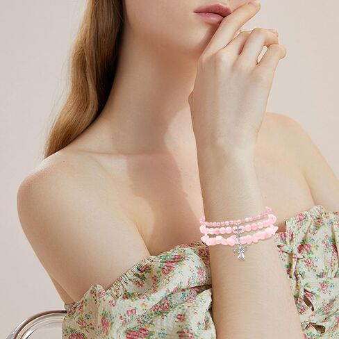 Rose Quartz Bracelets for Women 3Pcs Pink Quartz Bracelet Natural Stone Beaded Bracelets Handmade Stretch Gemstone Bracelet Healing Crystal Bracelet Healing Jewelry Gifts for Women Girls in Kuwait