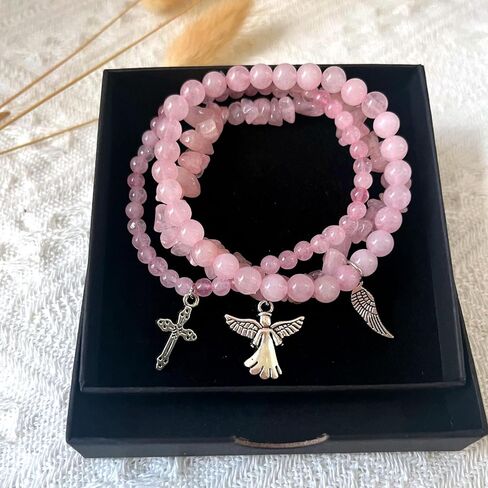 Rose Quartz Bracelets for Women 3Pcs Pink Quartz Bracelet Natural Stone Beaded Bracelets Handmade Stretch Gemstone Bracelet Healing Crystal Bracelet Healing Jewelry Gifts for Women Girls in Kuwait