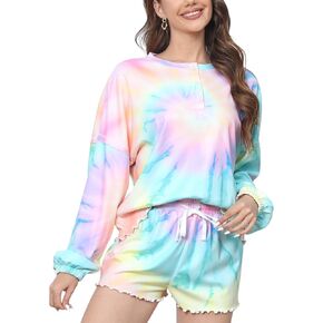 T1FE 1SFE Women's Pajamas Lounge Sets Tie-Dye Long-Sleeve Tops and Ruffle Shorts PJ Set Comfy Loungewear Sleepwear
