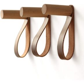 Wooden Hooks with Leather for Wall Mounted Single Hangers, Handmade Craft for Coats Hat Bags Rack 3pcs (Walnut)