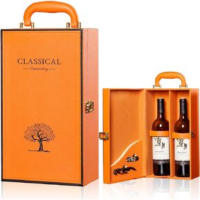 Wine Box, 2 Bottle Leatherette Top Handle with 2 Wine Accessory Travel Wine Gift Box, Handmade Premium Wine Carrier Case，Orange Wine Box