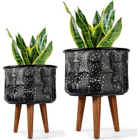Harvest Land Plant Pots with Stand Large Modern Planters Metal Tall Handmade Flower Pots with Drainage Holes Indoor Outdoor,Gold