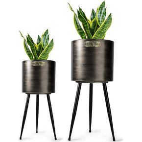 أواني نباتات هارفيست لاند مع حامل كبير وحديث للمزارعين وأواني زهور معدنية طويلة مصنوعة يدويًا مع فتحات تصريف للاستخدام الداخلي والخارجي، ذهبي in Kuwait