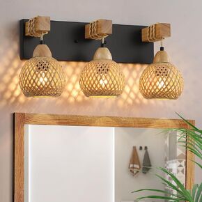 3-Light Bathroom Vanity Light Fixtures， Rustic Style Farmhouse Wood Bathroom Wall Sconce， Handmade Bamboo Woven Boho Wicker Basket Lamp Shade，Suitable for Bedroom, Hallway, and Living Room