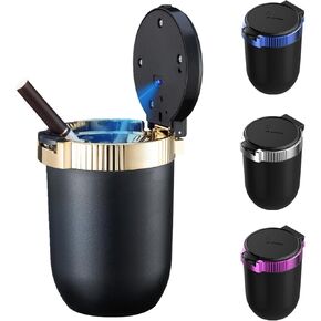 WQR Car Ashtray with Lid Portable Ash Tray Blue Mini Car Trash Can with LED Blue Light Windproof for Outdoor Travel (Blue)