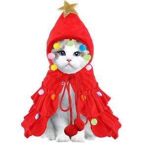 Cat Christmas Outfit Red Pet Cloak with Hat with Star and Pompoms Puppy Cape Clothes Xmas Tree Elf Costumes Party Pet Supplies Accessories for Small Dogs Cats Pet Santa Presents