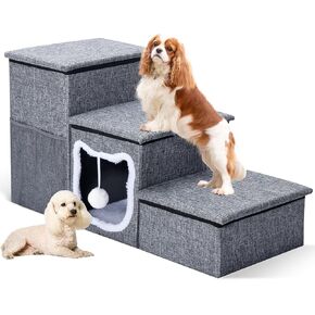Bilibrara Dog Stairs for Small Dogs, Foldable Pet Steps for High Bed, Non-Slip 3-Step Cat Stairs with Storage, Condo and Fluffy Ball, Large Dog Indoor Ramp for Couch Window, Up to 180 Lbs, 16.7'' H