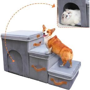 24" H Dog Stairs for High Beds Up to 32" H - Pet Steps for Small Medium or Large Dogs, Foldable Cat Stairs with Storage & Condo, 3-Step Pet Stairs for Couch & Window Sill, Hold Up to 150Lbs