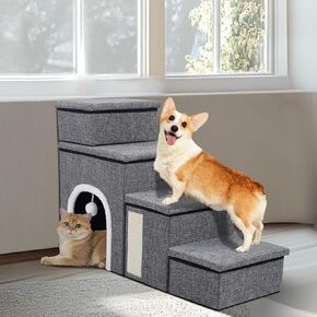 4 Steps Dog Stairs for Bed and Couch, 4 in 1 Foldable Dog Stairs for Small Older Dogs Cats, Adjustable Pet Cat Stairs Steps with Storage, Dog Ramps with Condo, Cat Scratcher, Hold Up to 180LBS
