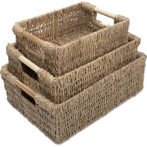 VATIMA Seagrass Baskets with Wooden Handles, Set of 3 Decorative Natural Wicker Baskets for Kitchen
