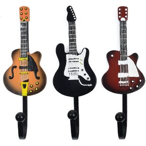 KUNGYO Vintage Guitar Shaped Decorative Hooks Rack Hangers for Hanging Clothes Coats Towels Keys Hats Metal Resin Hooks Wall Mounted Heavy Duty (3-Pack) (Guitar Hook-A)