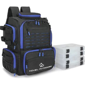 Large Fishing Backpack with 4 Tackle Boxes - Waterproof Fishing Tackle Backpack with Fishing Rod Holder - Heavy Duty 43L Fishing Tackle Box for your Fishing Lures and Fishing Gear