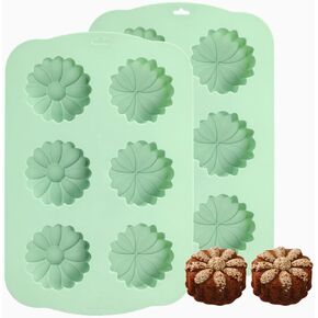 QELEG 2 Pack Silicone Flower Cake Molds, Non Stick Sunflower Baking Pans for Candy Chocolate Mousse Jelly Pudding Muffin Handmade Soap Ice Cube 2Pcs/6-Cavity