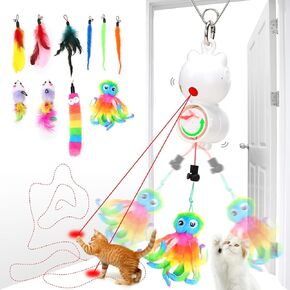 Interactive Cat Toys for Indoor Cats Feather Toys Cat Enrichment for Bored Indoor Adult Cats Kittens-Enhanced with 10 Attachments Mice Octopus Rechargeable Auto-Swinging 3in1 Door-Mounted Kitten Toy