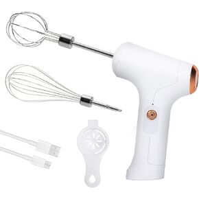 Cordless Hand Mixer, Handheld Electric Whisk with 3 Speed Modes, Hand Held Egg Beater with 2 Detachable Stir Whisks (White)