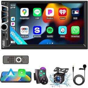 7" Double Din Car Stereo with Wireless Apple CarPlay,Car Radio Build-in Bluetooth 5.2,IPS Touchscreen 1024x600,FM Radio,Backup Camera,Dual USB,Type-C Fast Charging,GPS Navigation,Subwoofer,Car Play