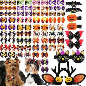 100pcs Halloween Dog Bows,Hair Bows for Doggie Puppy Yorkie for Halloween Grooming Decoration, Small Bowknot Pet Hair Accessories