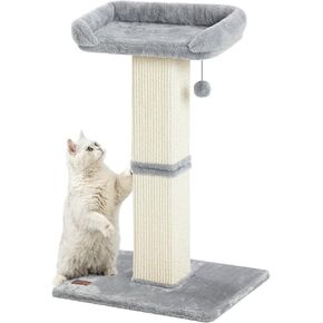 32" Cat Scratching Post for Indoor Cats, Sisal Cat Scratcher with Plush Perch, Large Scratch Post with Bed, Removable Cover, Sisal Fabric,Light Grey