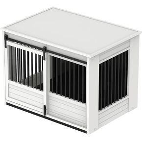 New Age Pet® ECOFLEX® Barn Door Dog Crate End Table - Antique White, Large - Durable Wood Plastic Composite with Stainless Steel Latch, Easy Assembly, 10 Year Warranty