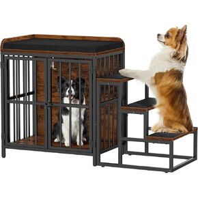 Snughome Dog Crate Furniture with Cushion, Wooden Dog Kennel Indoor with Double Doors, Furniture Style Dog Crate with Stairs for Dogs Indoor, Heavy Duty Dog Cage for Small/Medium Dogs, Rustic Brown