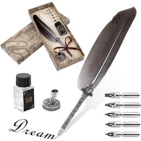 Quill Pen Antique Calligraphy Handmade Writting Quill Feather Pen Set for English Writing, Vintage Executive Stationery Gift with 1 Empty Ink Bottle 5 Nibs 1 Nib Base for beginner/enthusiast (Black)
