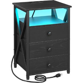 AMHANCIBLE Night Stand Set 2, LED Nightstand with Charging Station, End Side Tables with USB Port & Outlet, Bedside Tables with Fabric Drawers for Bedroom Living Room, Rustic Brown HET053LBR