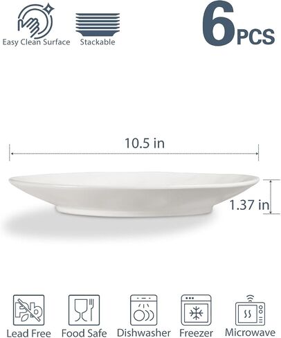 ONEMORE Ceramic 10.5" Dinner Plates Set of 6 - Microwave Oven & Dishwasher Safe Porcelain Dinnerware Set - Durable, Matte Glaze, Handmade, Well Packed Gift (Cream White, 10.5 inch) in Saudi Arabia