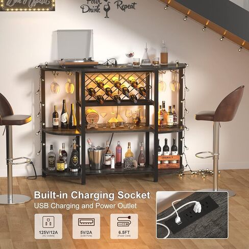 Unikito 4-Tier Metal Coffee Bar Cabinet with Outlet and LED Light, Freestanding Floor Bar Table for Liquor with Glass Holder and Wine Rack Storage, Wine Bakers Rack for Kitchen Dining Room, Gray Oak in Saudi Arabia