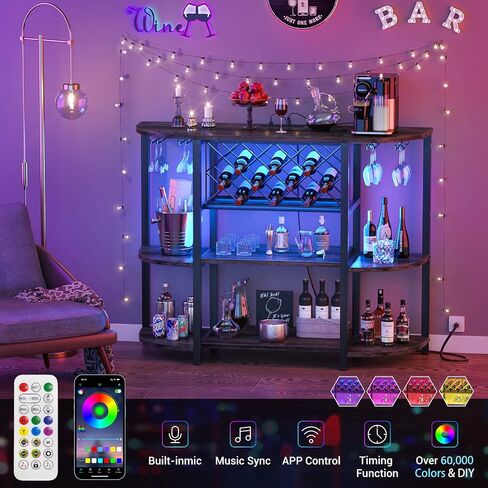 Unikito 4-Tier Metal Coffee Bar Cabinet with Outlet and LED Light, Freestanding Floor Bar Table for Liquor with Glass Holder and Wine Rack Storage, Wine Bakers Rack for Kitchen Dining Room, Gray Oak in Saudi Arabia