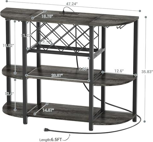 Unikito 4-Tier Metal Coffee Bar Cabinet with Outlet and LED Light, Freestanding Floor Bar Table for Liquor with Glass Holder and Wine Rack Storage, Wine Bakers Rack for Kitchen Dining Room, Gray Oak in Saudi Arabia