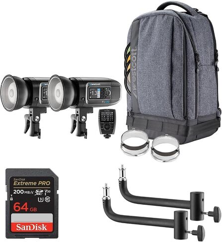 Westcott FJ400 Strobe 2-Light Backpack Kit with FJ-X3m Universal Wireless Trigger, 8 Inch Shorty Offset Extension Arm (Set of 2) and 64GB Extreme PRO Memory Card Bundle Set in Saudi Arabia
