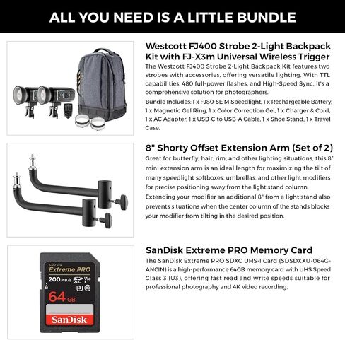 Westcott FJ400 Strobe 2-Light Backpack Kit with FJ-X3m Universal Wireless Trigger, 8 Inch Shorty Offset Extension Arm (Set of 2) and 64GB Extreme PRO Memory Card Bundle Set in Saudi Arabia