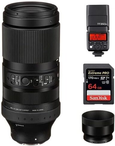 Sigma 100-400mm f/5-6.3 DG DN OS Contemporary Lens for Sony E | E-Mount Lens/ Full-Frame Format, Four SLD Elements, OS Image Stabilization, Godox TT350S Flash, 64GB Extreme PRO UHS-I Memory Card in Saudi Arabia